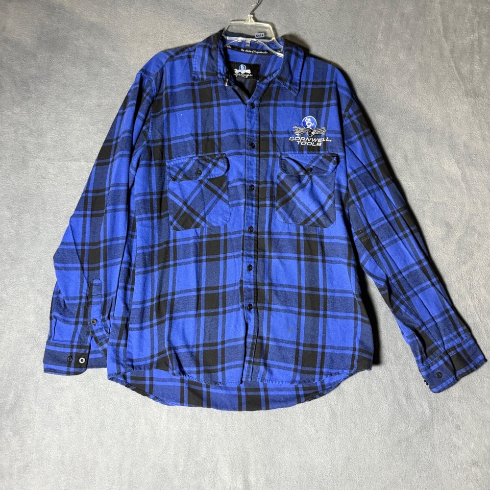 Cornwell Tools Mens Blue Black Plaid Flannel Button Down Shirt Size L Logo